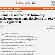 El mercado de fusiones y adquisiciones en Espaa desciende un 16,4% en 2019, segn TTR